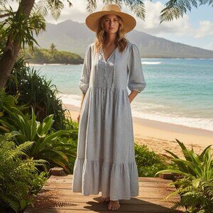 Old Navy Size 4X All Day Swing 3/4 Sleeve Blue Coastal Striped Womens Maxi Dress